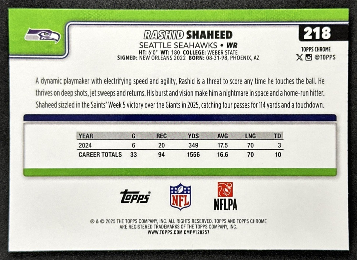 Rashid Shaheed 2025 Topps Chrome Sapphire Seahawks Sports Trading Card