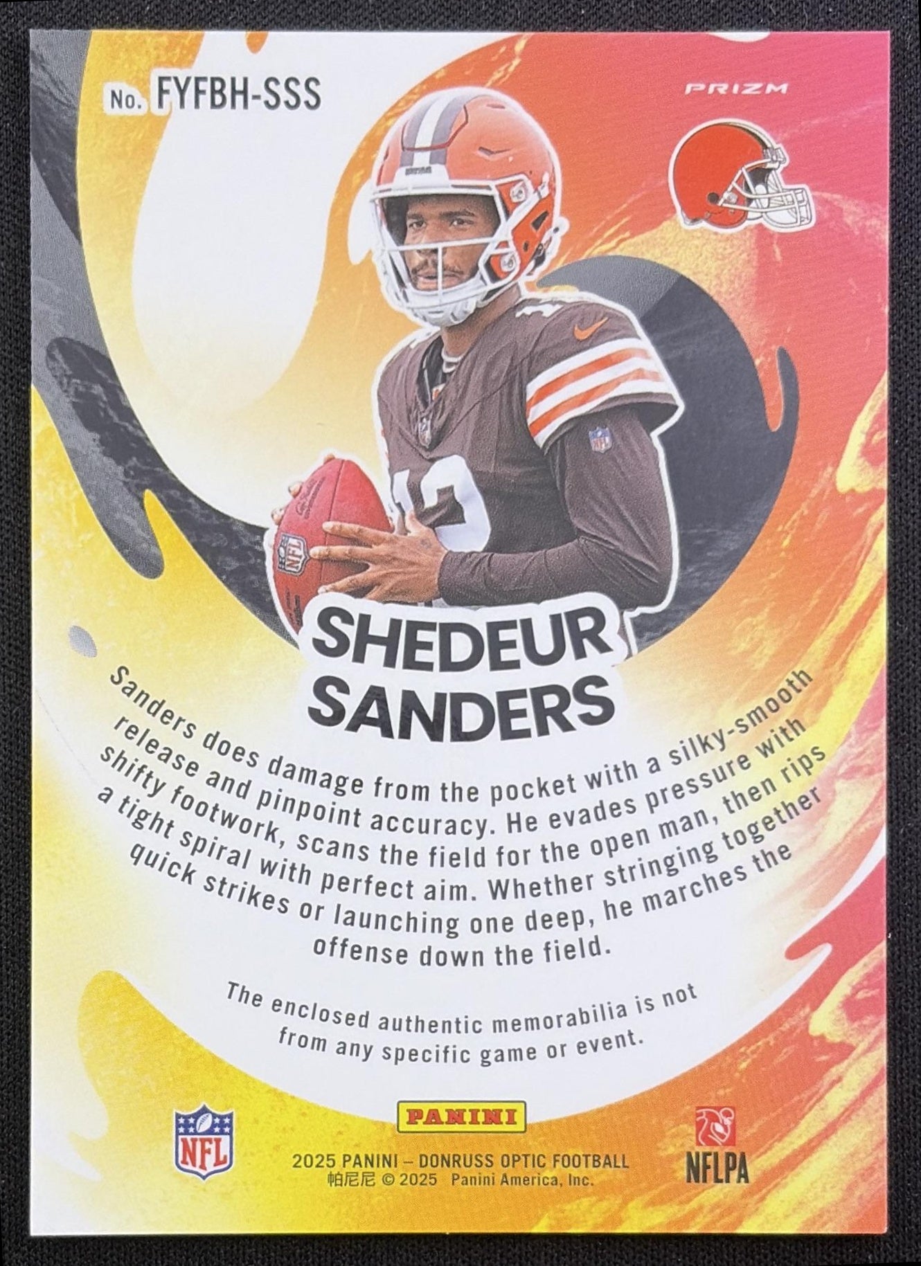 Shedeur Sanders 2025 Panini Donruss Optic First Year Fresh Blue Hyper Prizm Browns Cleveland Browns back