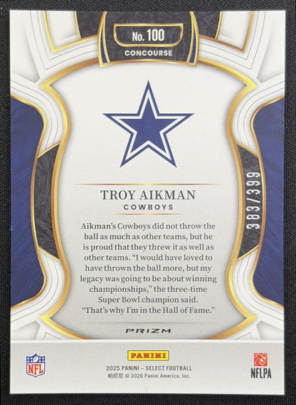 Troy Aikman 2025 Panini Select Concourse Tri-Color Prizm /399 Cowboys Dallas Cowboys back