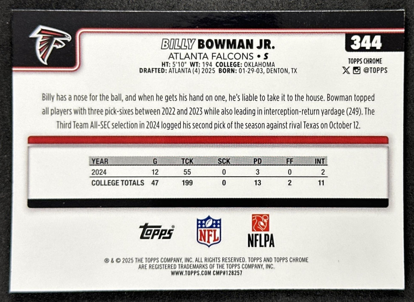 Billy Bowman Jr. 2025 Topps Chrome Sapphire Falcons Sports Trading Cards