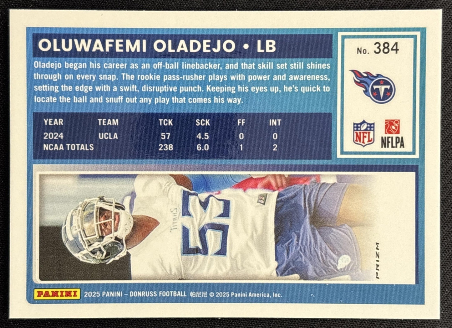 Oluwafemi Oladejo 2025 Panini Donruss Optic Rated Rookie Preview Pink Titans - Back