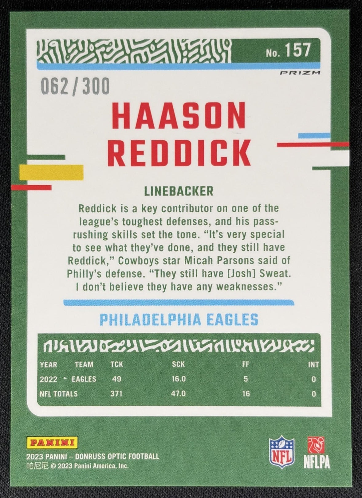 Haason Reddick 2023 Panini Donruss Optic Wave Prizm /300 Eagles back