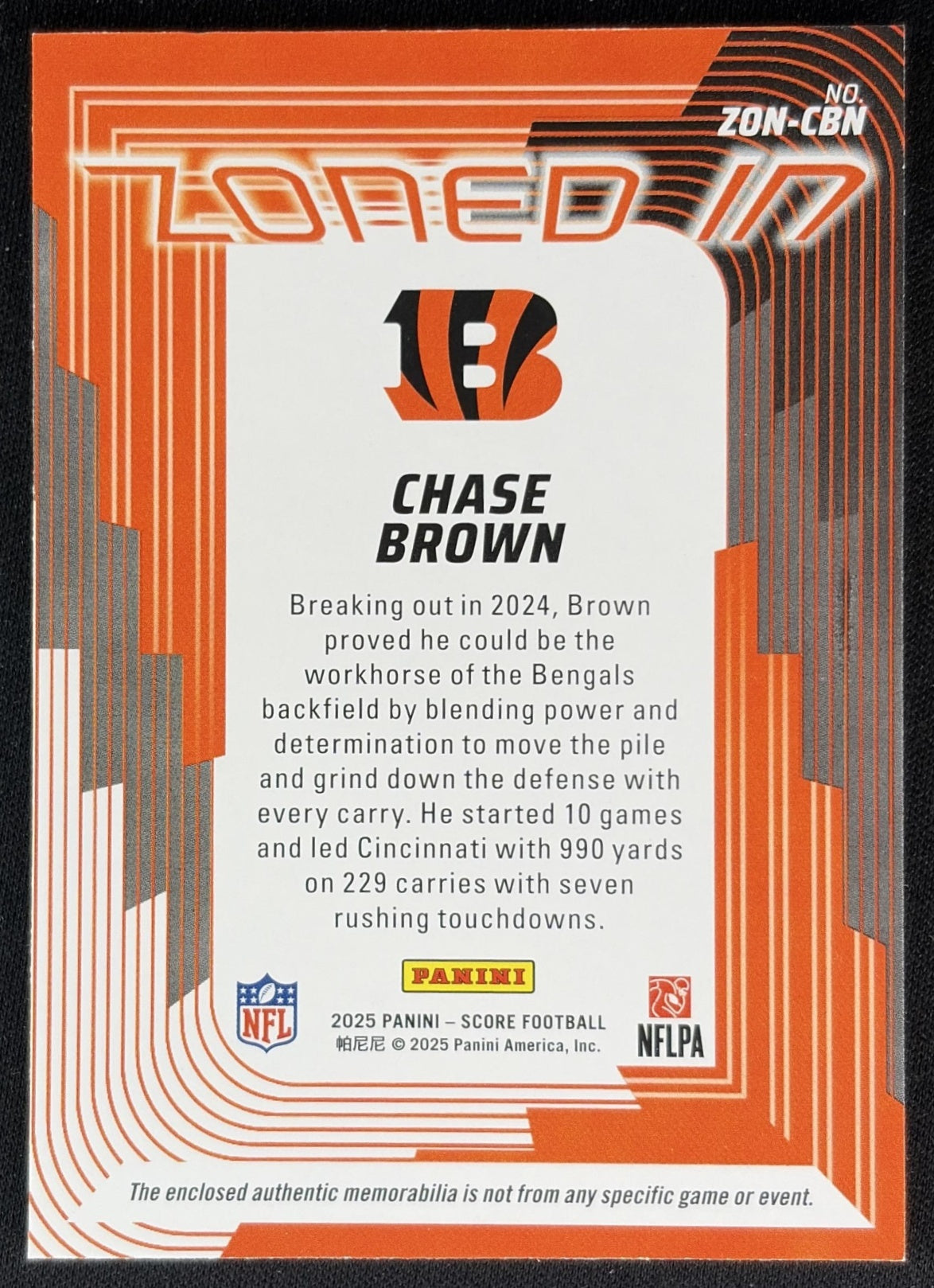 Chase Brown 2025 Panini Score Zoned In Jerseys Bengals back