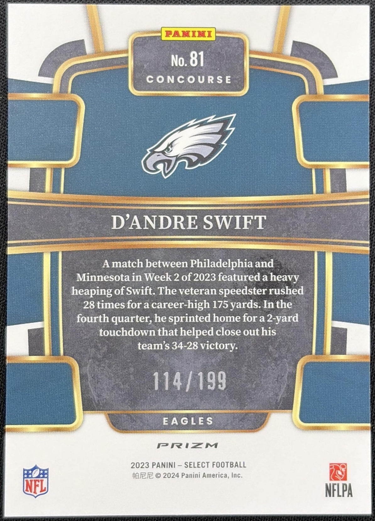 D'Andre Swift 2023 Panini Select Blue Prizms /199 Eagles
