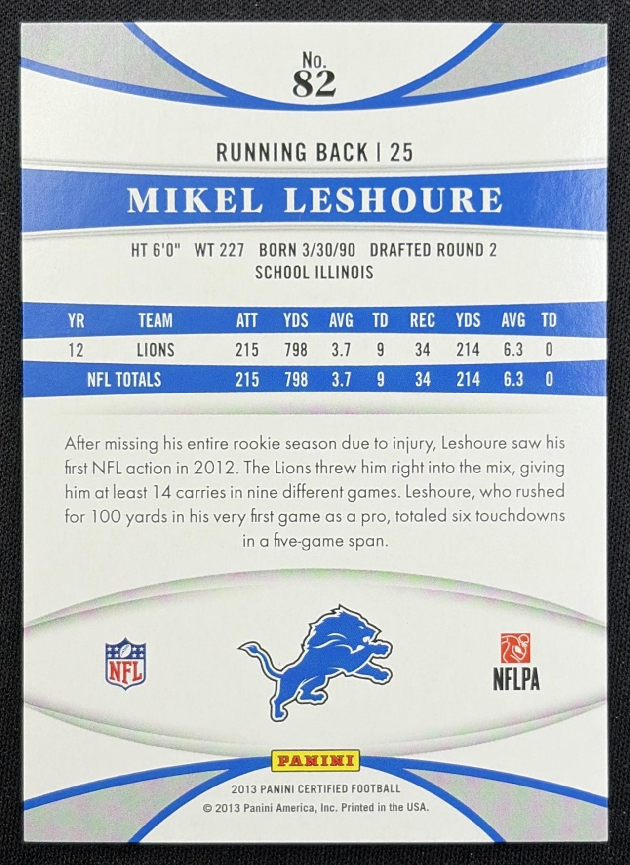 Mikel Leshoure 2013 Panini Certified Mirror Red /250 Lions back