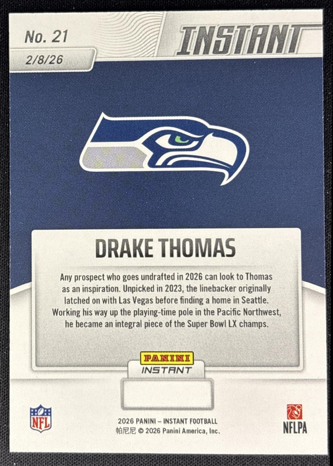 Drake Thomas 2026 Panini Instant Super Bowl LIX Champions Seattle Seahawks