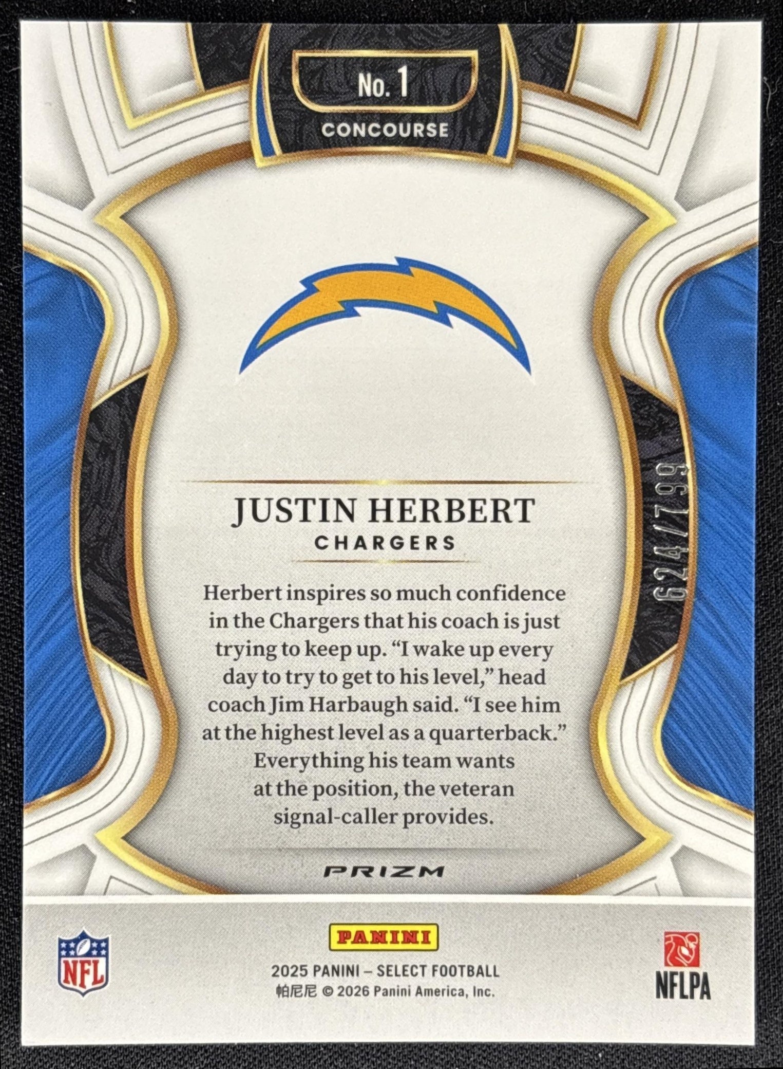 Justin Herbert 2025 Panini Select Concourse White Prizm Shock /799 Chargers - back