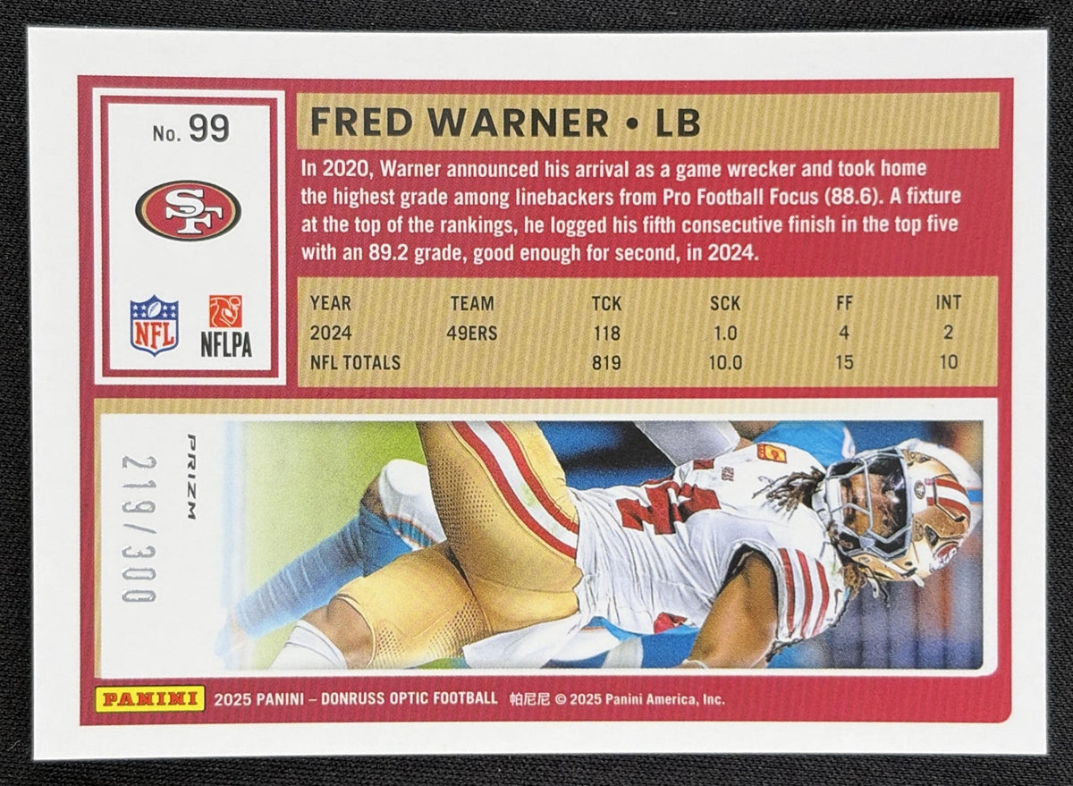 Fred Warner 2025 Panini Donruss Optic Wave Prizm /300 49ers back
