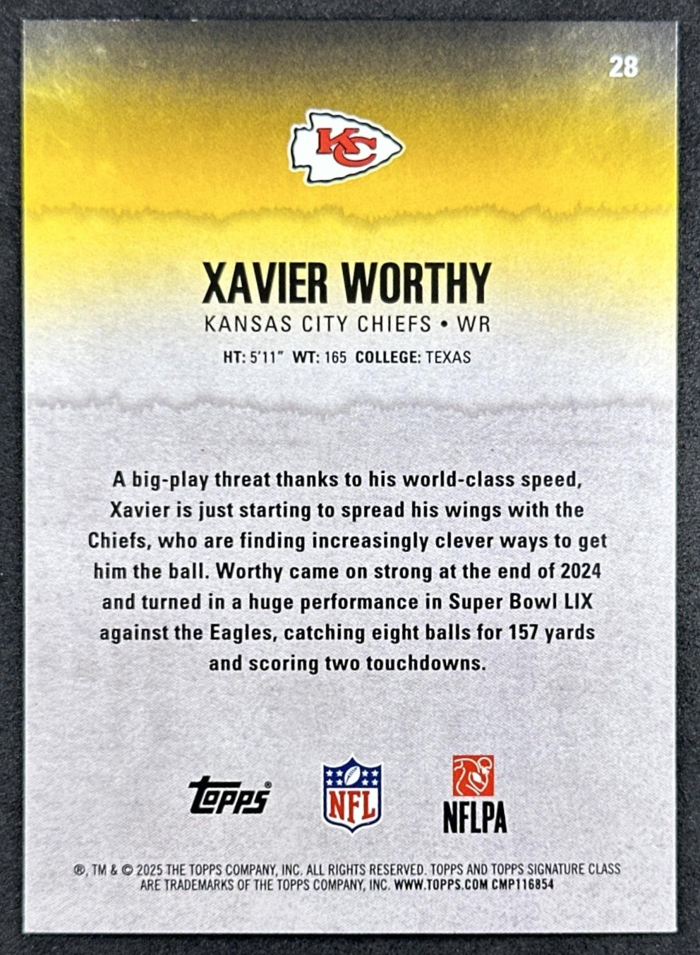 Xavier Worthy 2025 Topps Signature Class Veteran Blue & Yellow Foil Chiefs back sports trading card