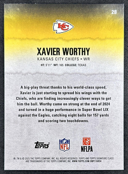 Xavier Worthy 2025 Topps Signature Class Veteran Blue & Yellow Foil Chiefs back sports trading card