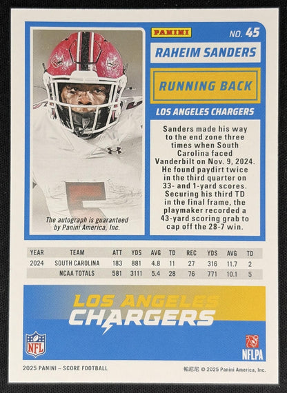 Raheim Sanders 2025 Panini Score Rookies Signatures Chargers back