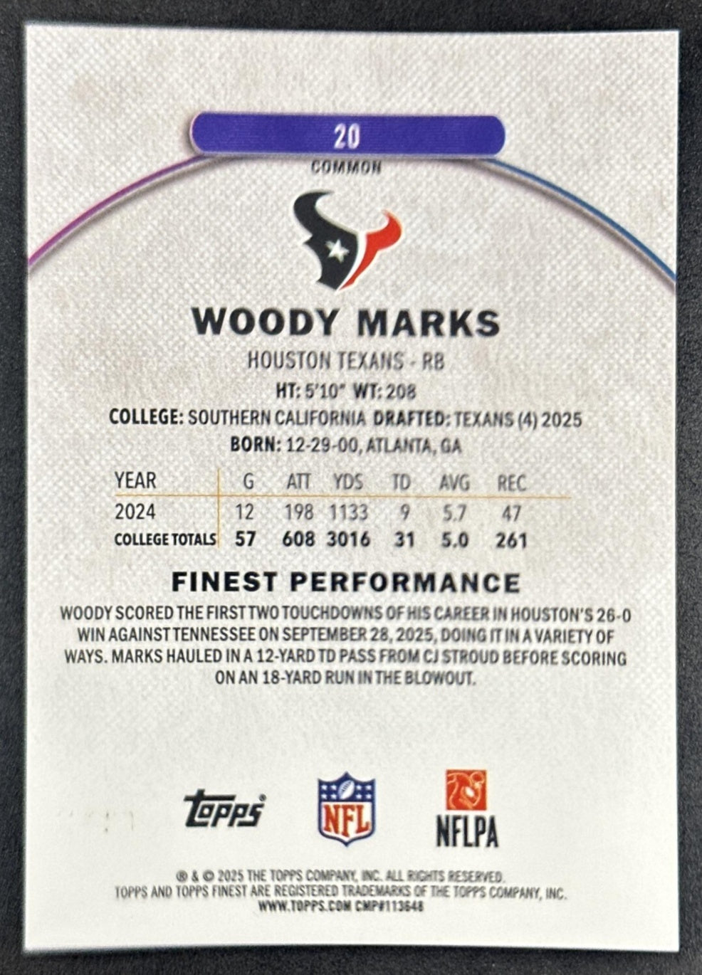 Woody Marks 2025 Topps Finest Purple X-Fractor /150 Texans back