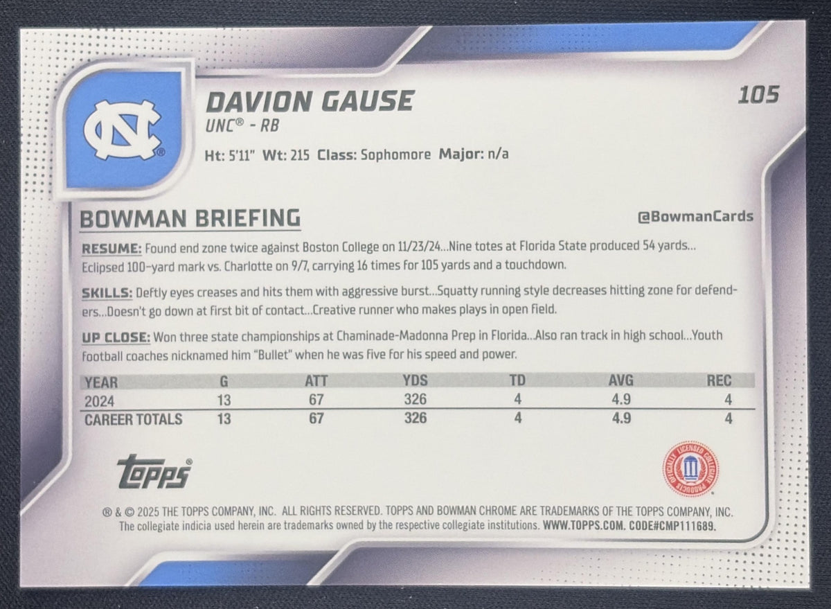 Davion Gause 2025 Bowman Chrome University Prospects Black & White Stealth Refractor /48 Tar Heels