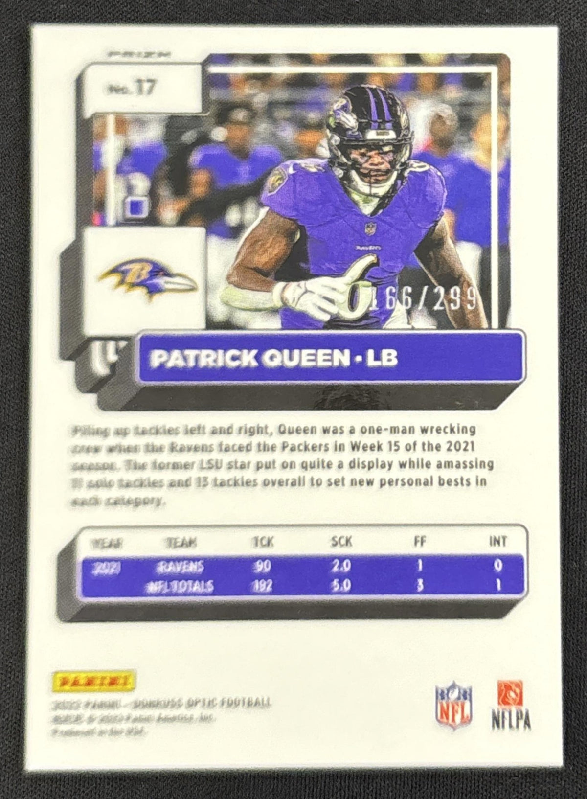 Patrick Queen 2022 Panini Donruss Optic Aqua /299 Ravens