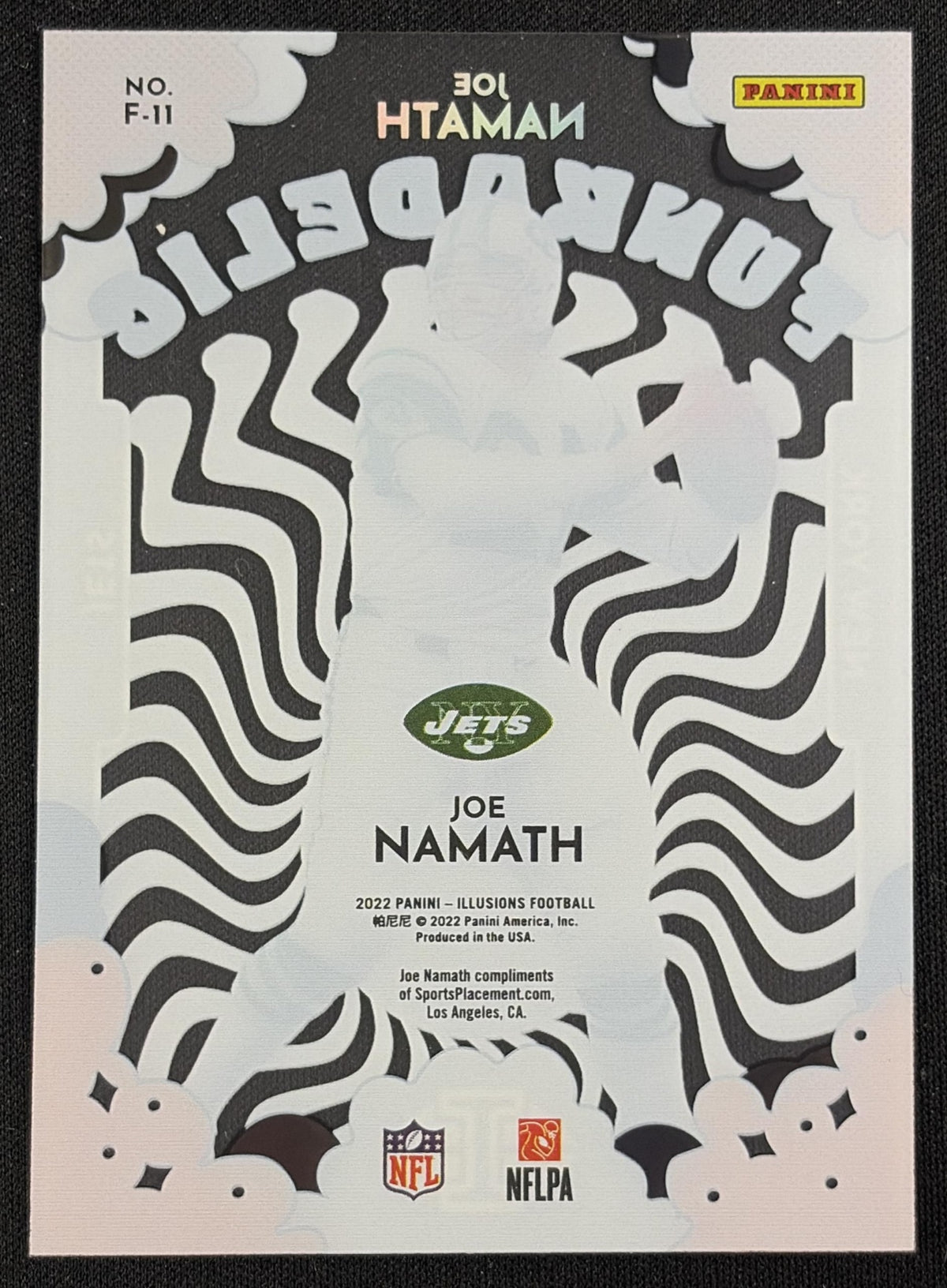 Back of Joe Namath 2022 Panini Illusions Funkadelic Orange Jets sports trading card