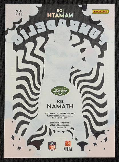 Back of Joe Namath 2022 Panini Illusions Funkadelic Orange Jets sports trading card