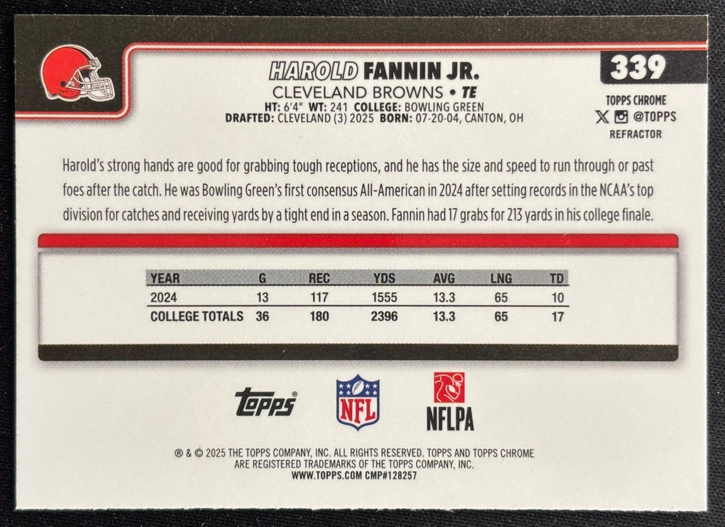 Harold Fannin Jr. 2025 Topps Chrome Rookie Refractor Browns Sports Trading Cards
