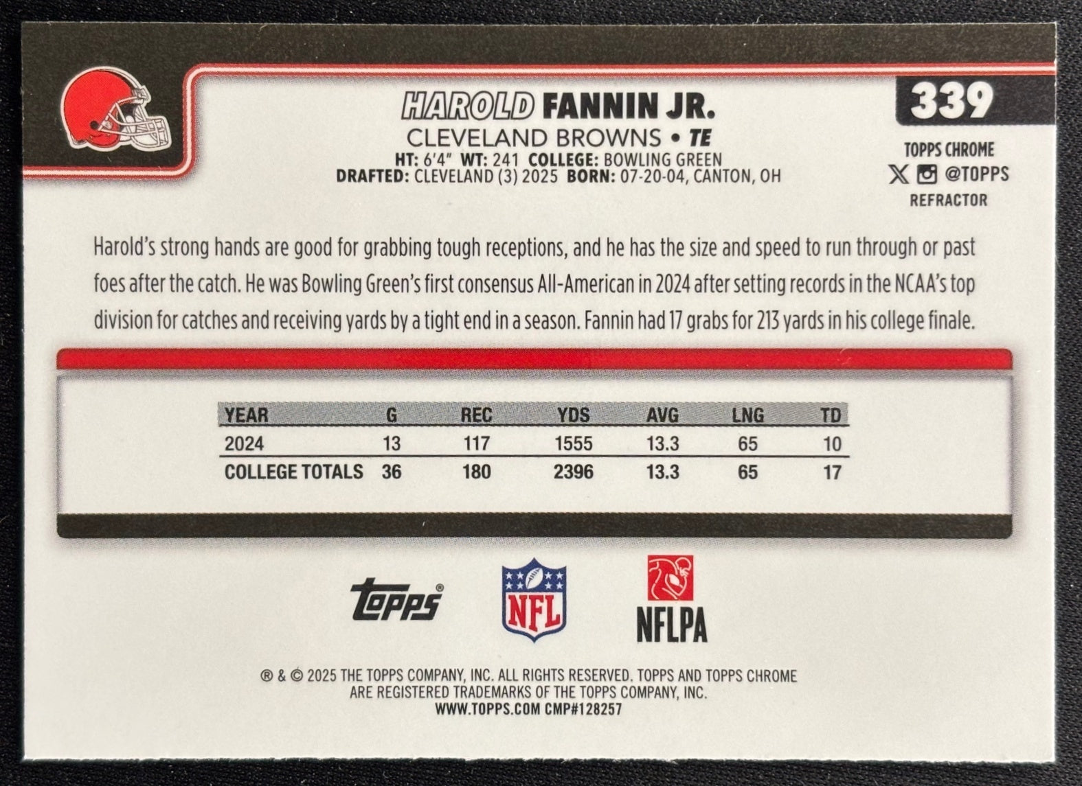 Harold Fannin Jr. 2025 Topps Chrome Rookie Refractor Browns Sports Trading Cards