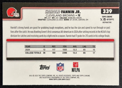 Harold Fannin Jr. 2025 Topps Chrome Rookie Refractor Browns Sports Trading Cards