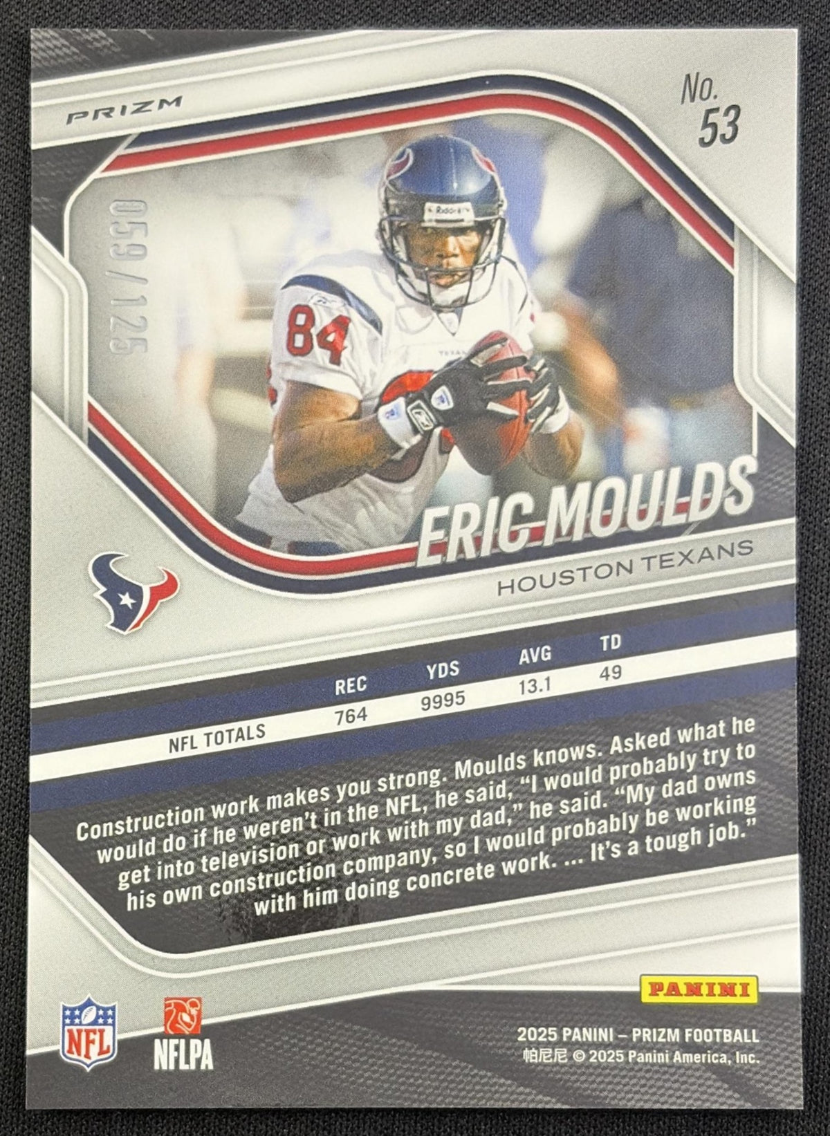 Eric Moulds 2025 Panini Prizm No Huddle Blue /125 Texans Houston Texans