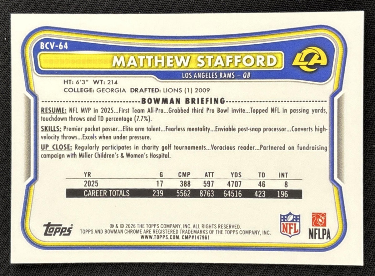 Matthew Stafford 2026 Bowman Chrome Auto Green Mojo Refractor /99 Rams