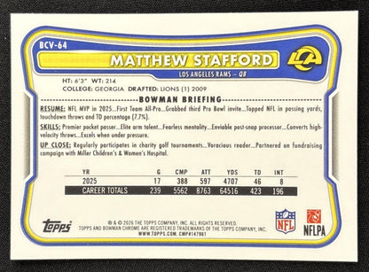 Matthew Stafford 2026 Bowman Chrome Auto Green Mojo Refractor /99 Rams
