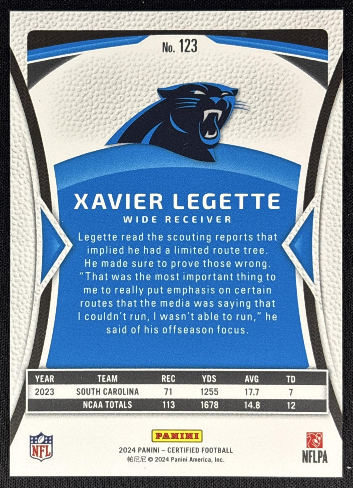 Xavier Legette 2024 Panini Certified Rookies Bronze Mirror /275 Panthers back