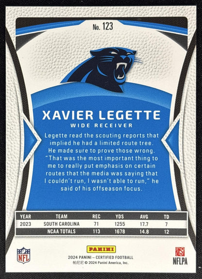 Xavier Legette 2024 Panini Certified Rookies Bronze Mirror /275 Panthers back
