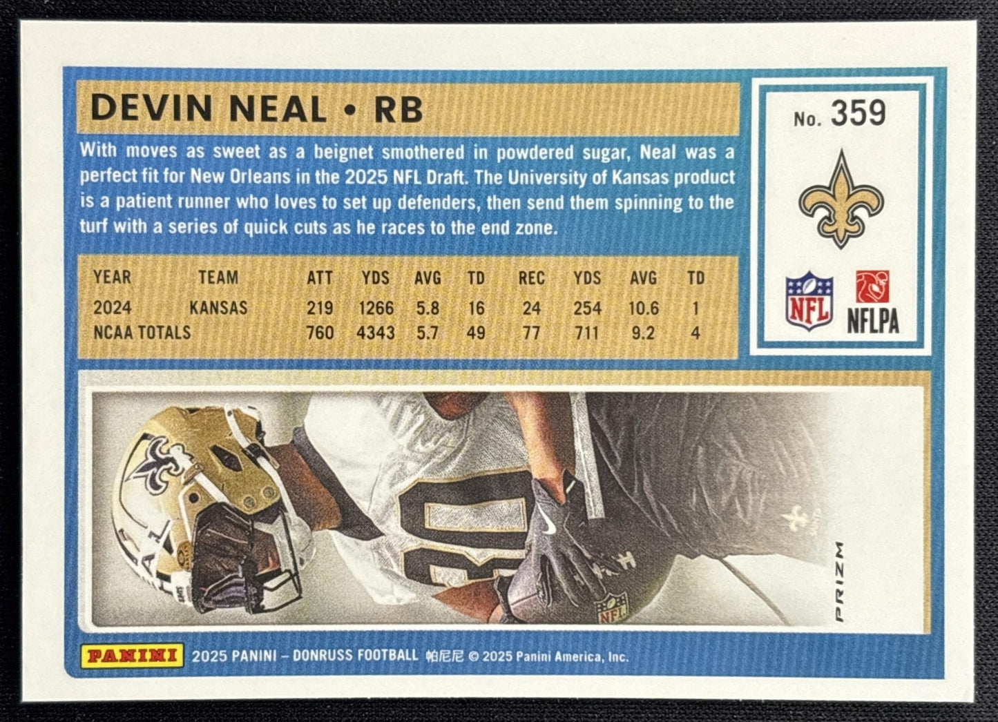 Devin Neal 2025 Panini Donruss Optic Rated Rookie Preview Pink Saints - Back