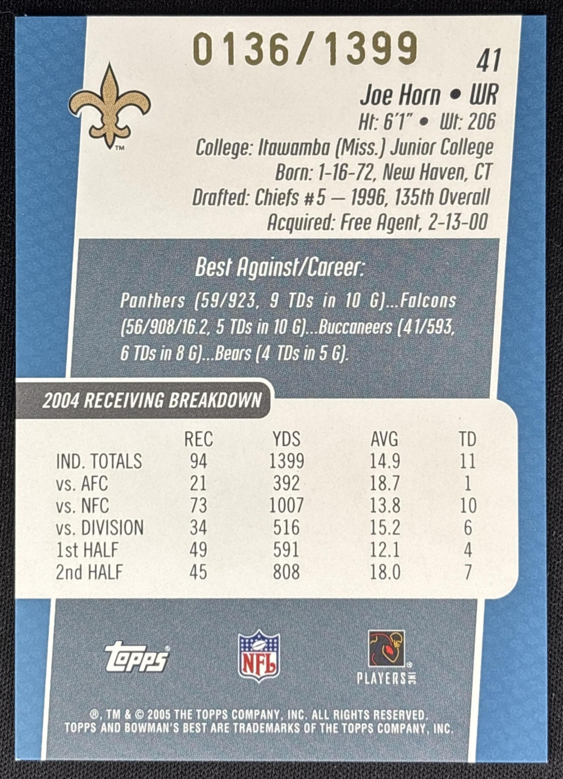 Joe Horn 2005 Bowman's Best Blue /1399 Saints Sports Trading Cards