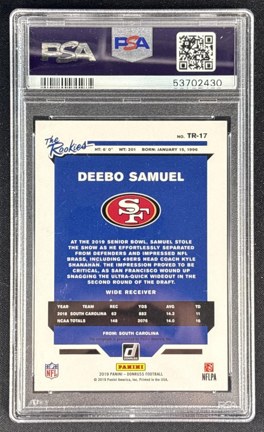 Deebo Samuel 2019 Panini Donruss The Rookies Auto /299 PSA 10 49ers back