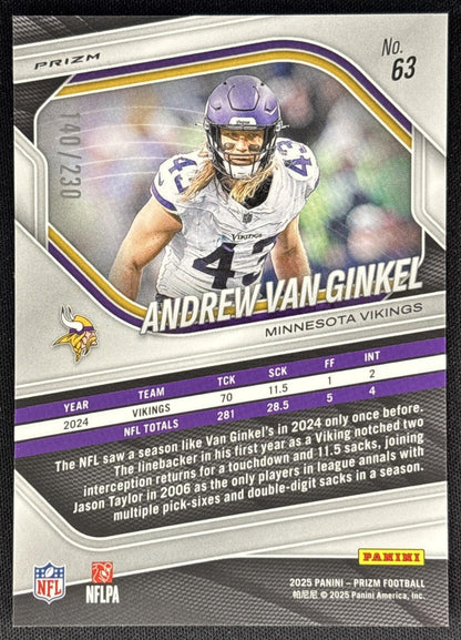 Andrew Van Ginkel 2025 Panini Prizm Blue Wave /230 Vikings Sports Trading Cards