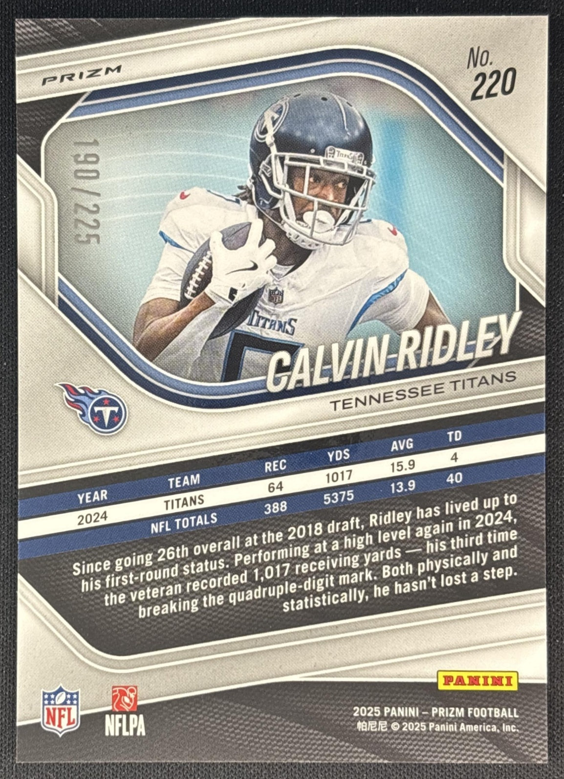 Calvin Ridley 2025 Panini Prizm Purple Ice /225 Titans back