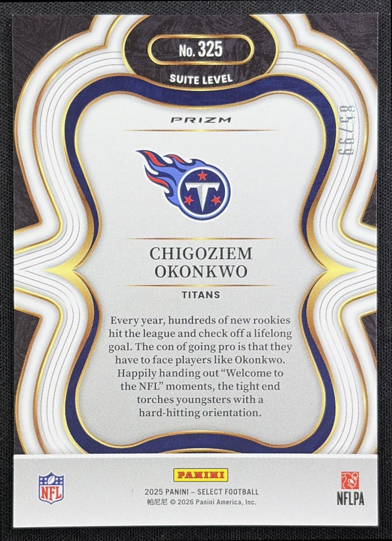 Chigoziem Okonkwo 2025 Panini Select Suite Level Blue Prizm /99 Titans back