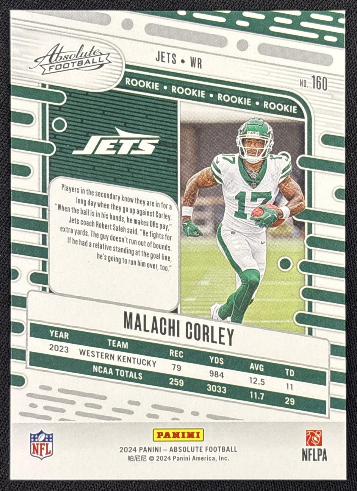 Malachi Corley 2024 Panini Absolute Rookies Green Wave /50 Jets