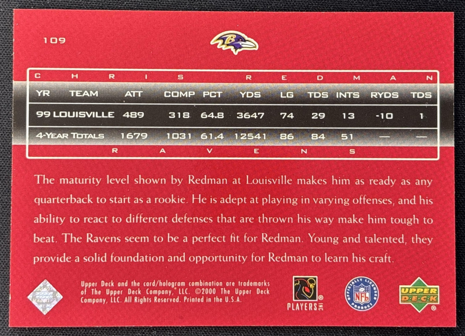 Chris Redman 2000 Upper Deck Legends /2000 Sports Trading Cards