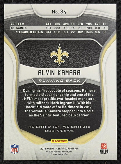 Alvin Kamara 2019 Panini Certified Mirror Orange /199 Saints - back