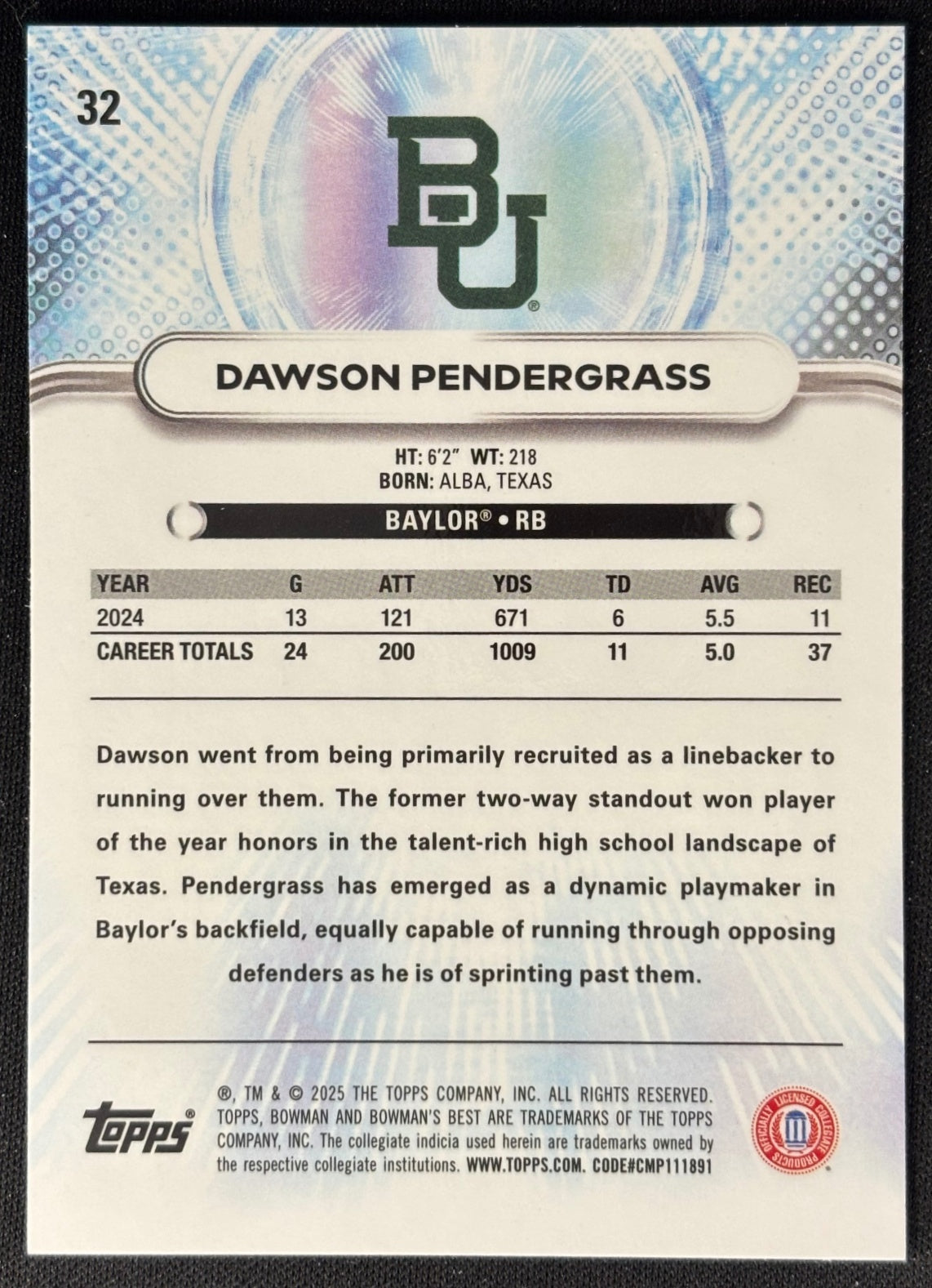 Back of Dawson Pendergrass 2025 Best University Blue Refractor /150 Bears