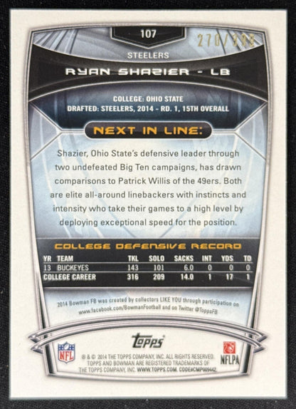 Ryan Shazier 2014 Bowman Rookies Gold /399 Steelers Sports Trading Card