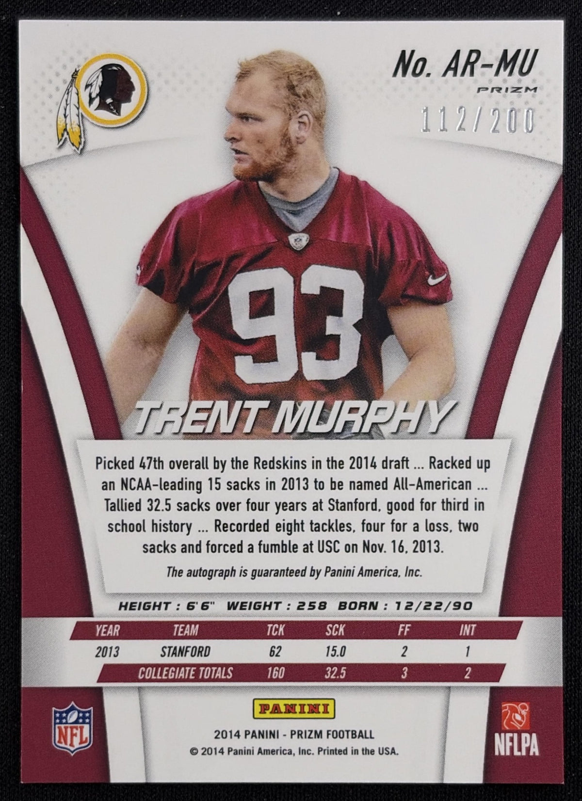 Trent Murphy 2014 Panini Prizm Auto Rookies Prizms Logo /200 Redskins