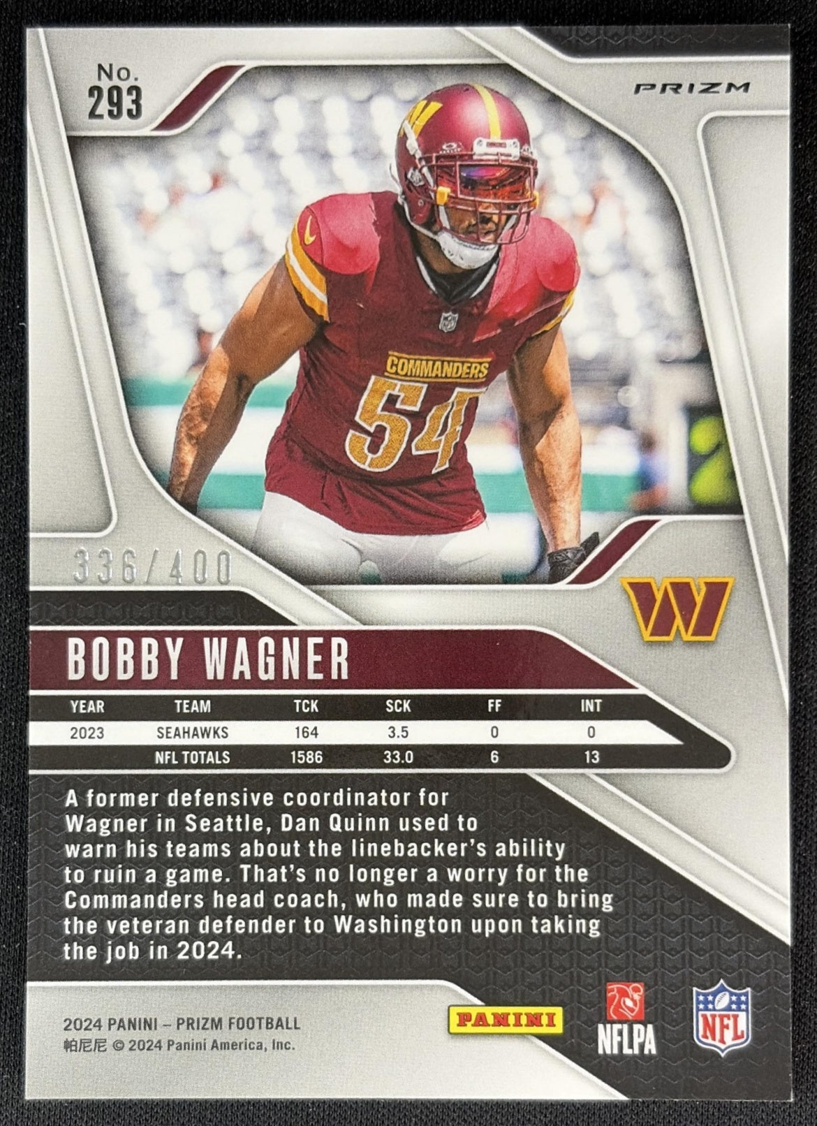 Bobby Wagner 2024 Panini Prizm Pandora /400 Commanders back