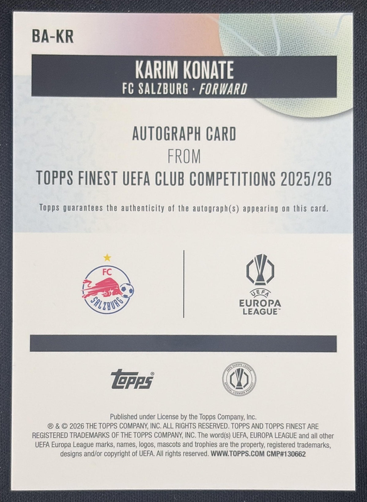 Karim Konate 2025 Topps Finest UEFA Club Competition Auto Gold Wave Refractor /50 Salzburg FC Salzburg Sports Trading Card