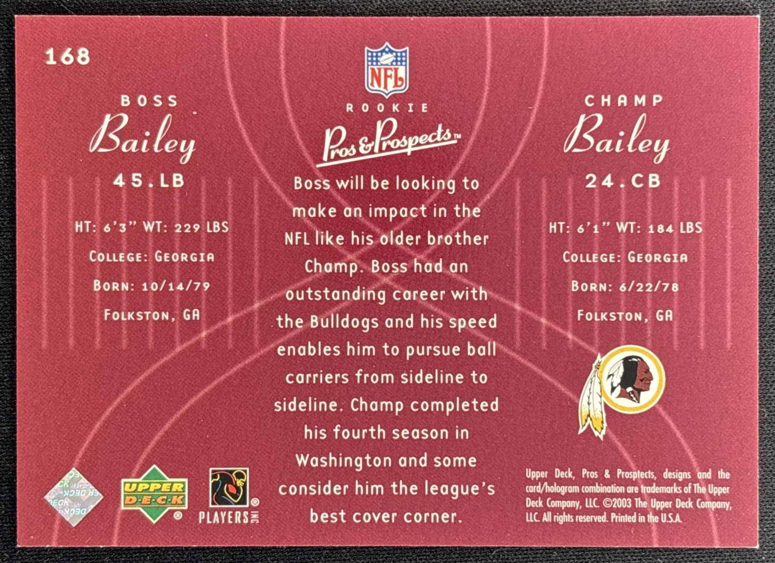 Boss Bailey Champ 2003 Upper Deck Pros & Prospects /1800 back