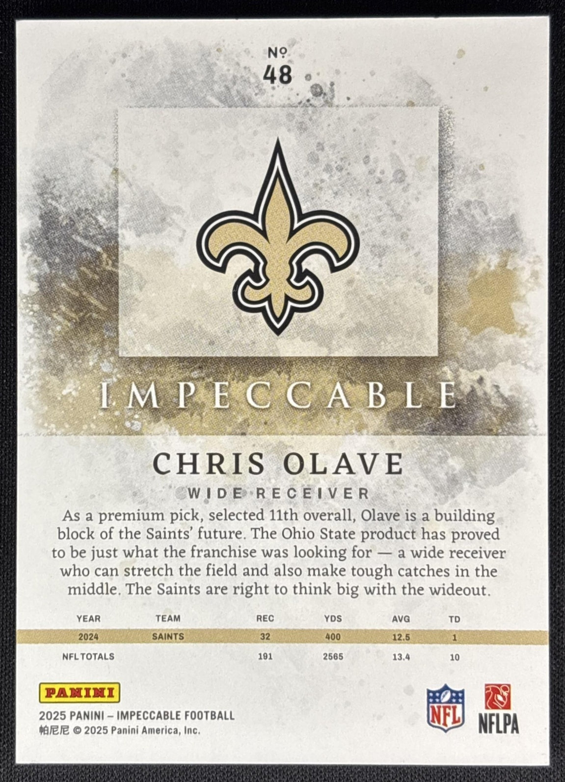Chris Olave 2025 Panini Impeccable Ruby /8 Saints Sports Trading Cards