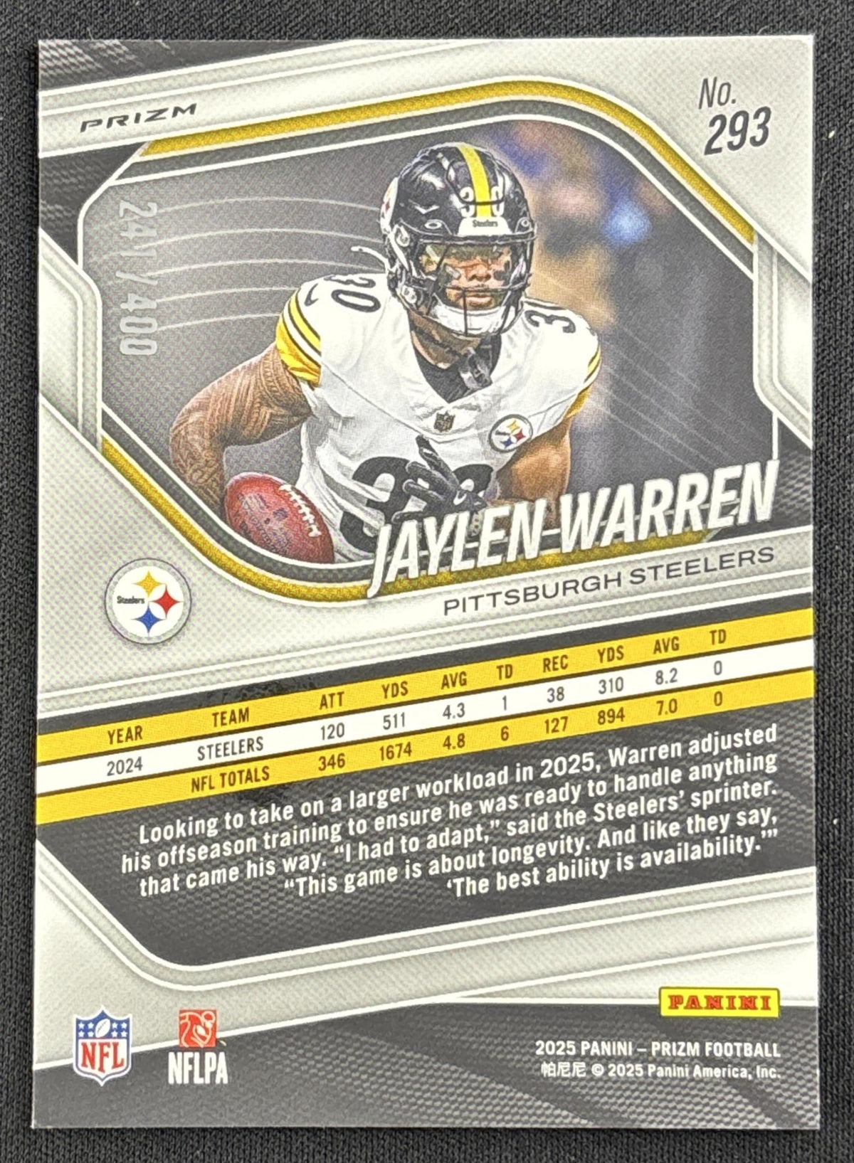 Jaylen Warren 2025 Panini Prizm Pandora /400 Steelers Sports Trading Card