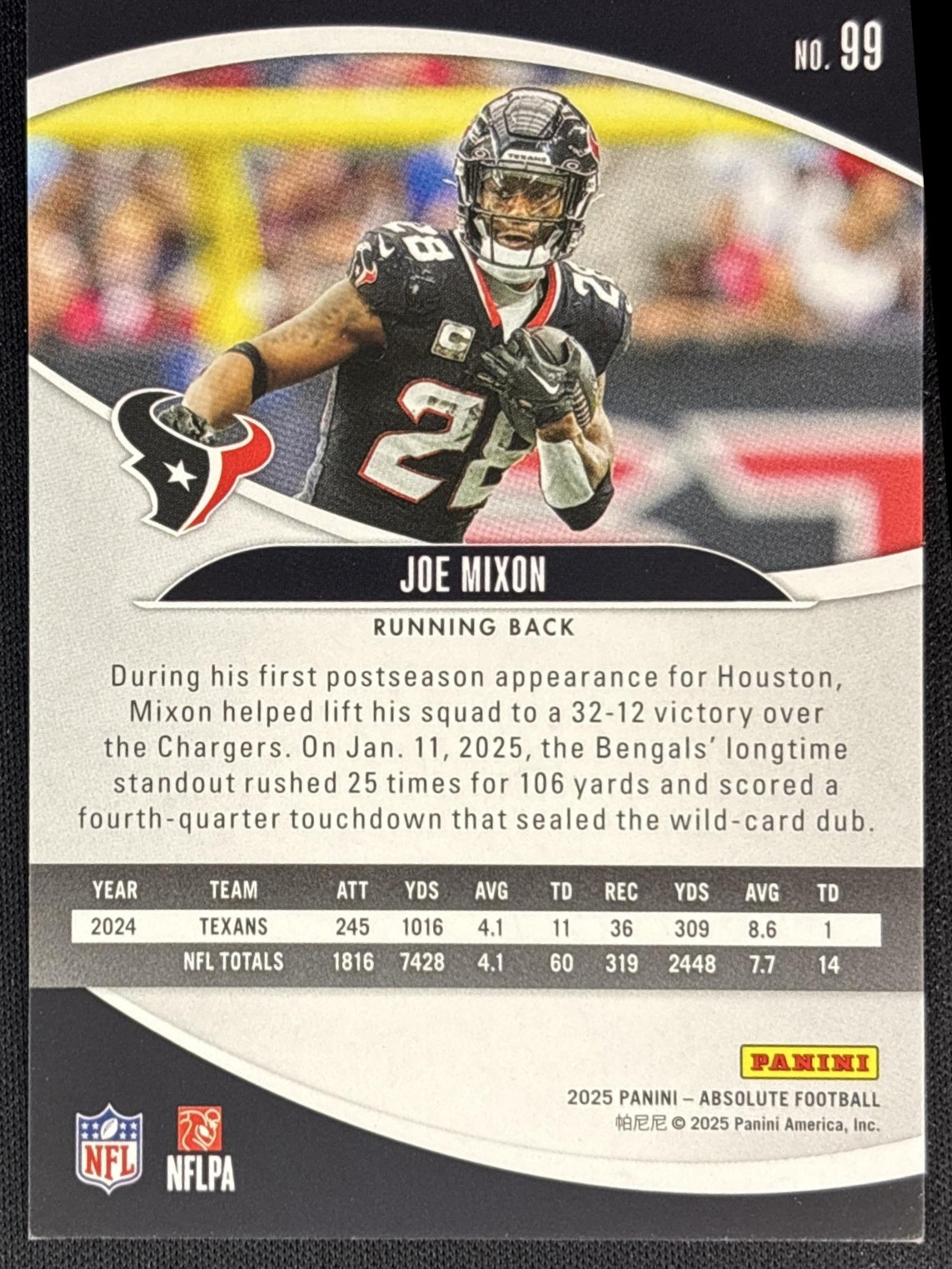 Joe Mixon 2025 Panini Absolute Blue Diamonds /425 Texans back
