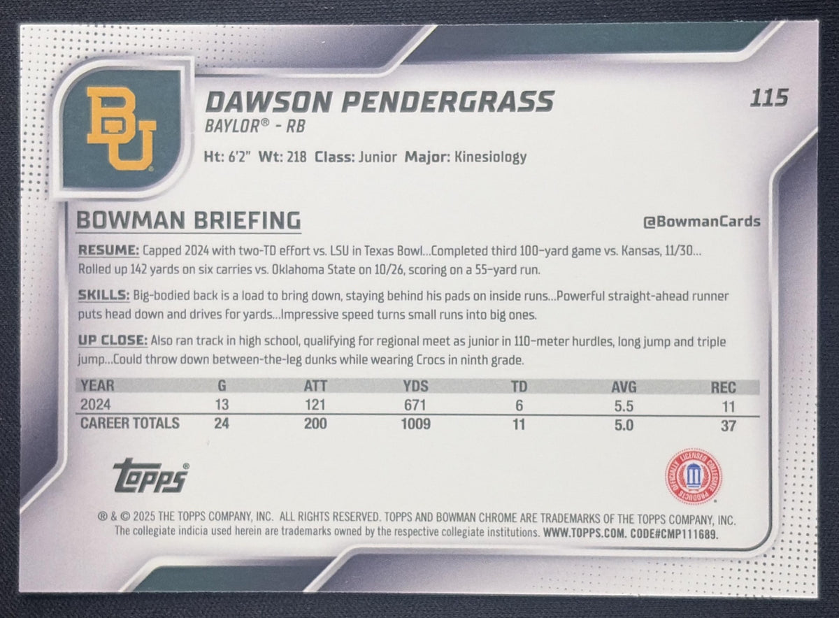 Dawson Pendergrass 2025 Bowman Chrome University Prospects Green Shimmer Refractor /99 Bears