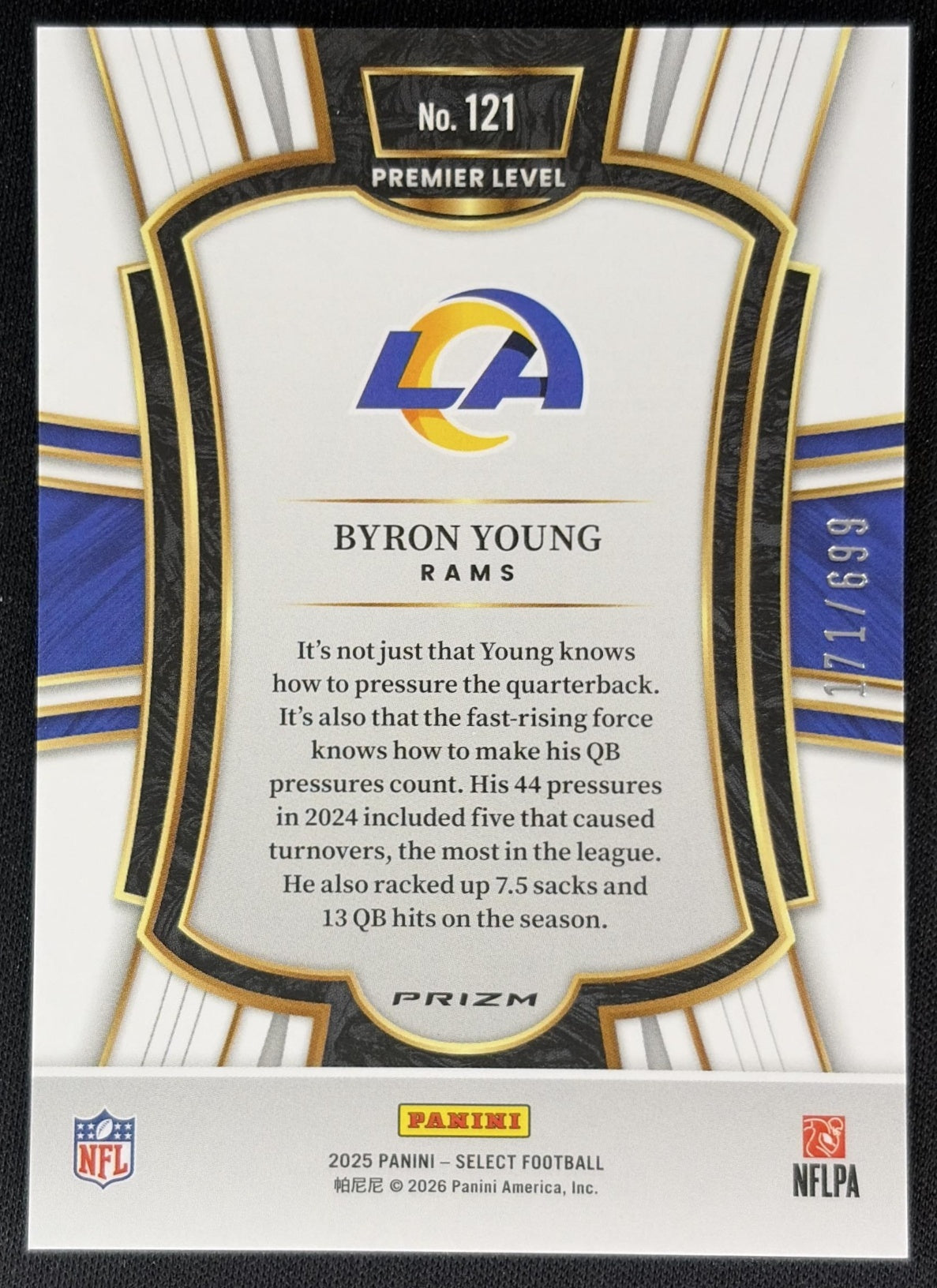 Byron Young 2025 Panini Select Premier Level Neon Green Prizm Shock /699 Rams back