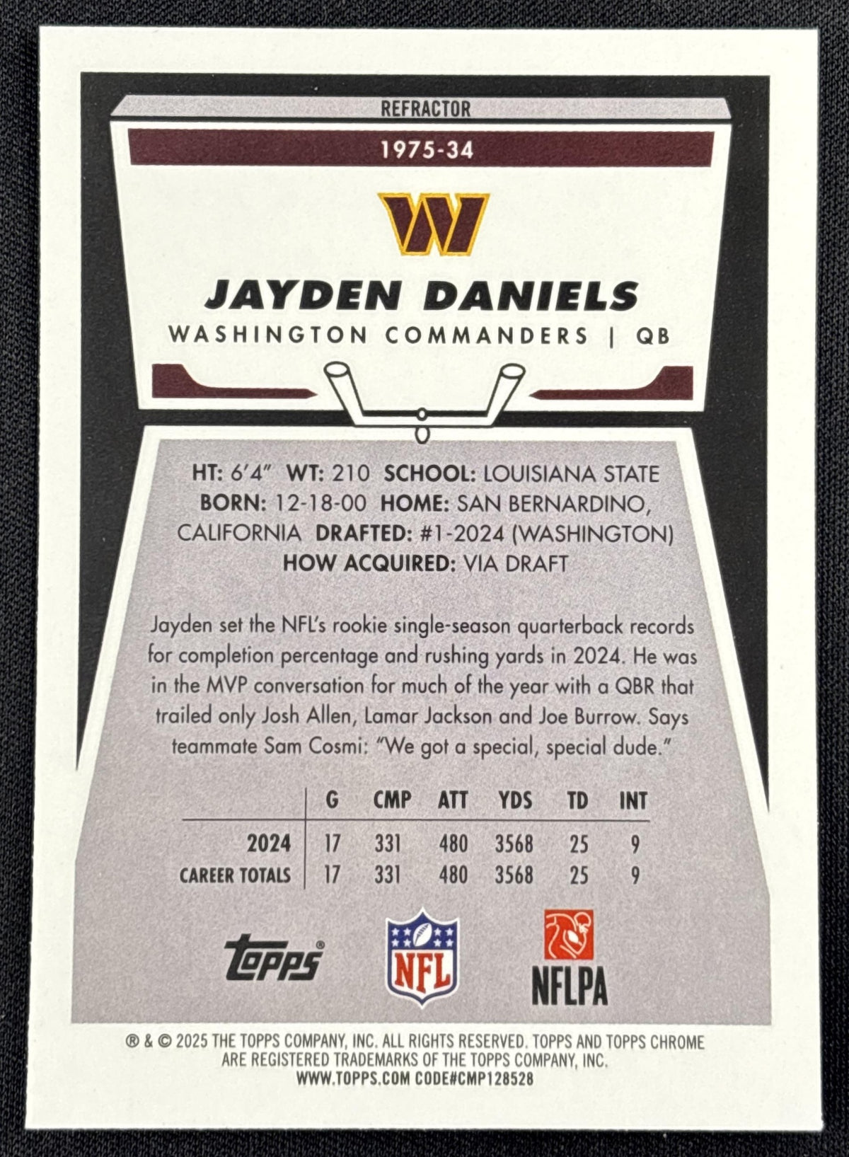 Jayden Daniels 2025 Topps Chrome 1975 Refractor Commanders
