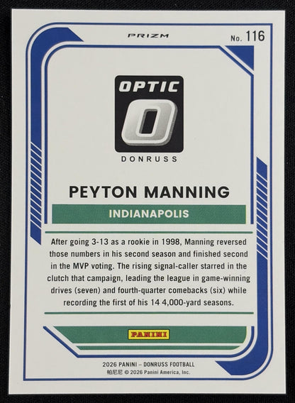 Peyton Manning 2026 Panini Donruss Optic Purple Velocity Colts